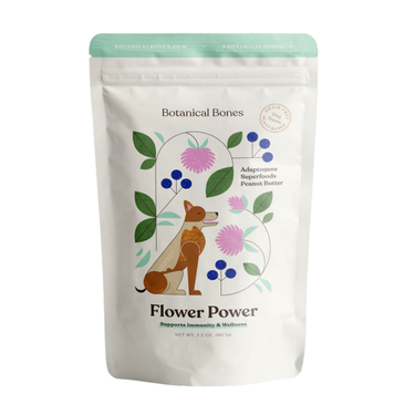Main Product Image: "Botanical Bones Flower Power dog treats in a resealable pouch, featuring a clean white background with floral illustrations and a dog silhouette."
