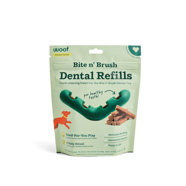 "Woof Bite n’ Brush Dental Refills bag, featuring a resealable pouch with green and white packaging, designed for dog dental health."