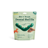 "Woof Bite n’ Brush Dental Refills bag, featuring a resealable pouch with green and white packaging, designed for dog dental health."