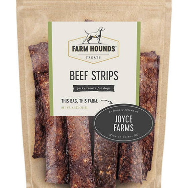 A clear packet of farm hound beef strip