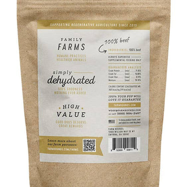 The back view of the Farm Hounds Beef Jerky 3.5oz bag, showing ingredients, nutritional details, and product information.