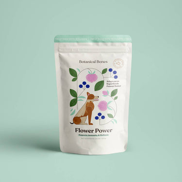 Second Image: "Close-up of Botanical Bones Flower Power treat bag, showcasing premium organic ingredients and holistic branding."