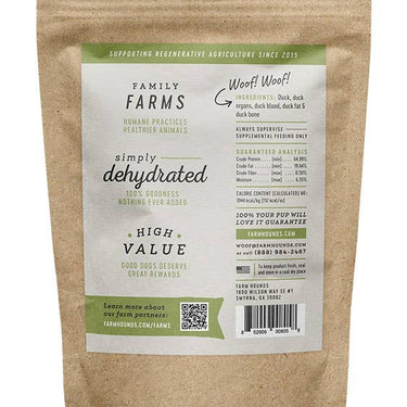 The backside of the Farm Hounds Duck Strips bag, displaying ingredients, nutritional information, and product details.