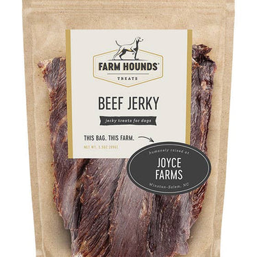 A resealable bag of Farm Hounds Beef Jerky 3.5oz, featuring clear packaging that displays the natural jerky pieces inside.
