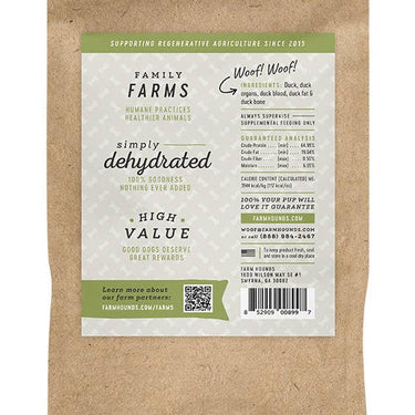 The back of the Farm Hounds Duck Trainers bag, showing ingredient details, nutritional information, and sourcing transparency