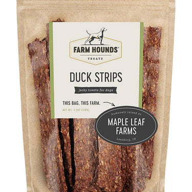 A resealable bag of Farm Hounds Duck Strips 4.5oz, showing the natural duck strip treats inside through a transparent window.