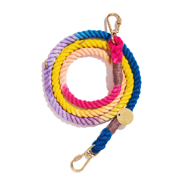 Light Prismatic Cotton Rope Dog Leash by Found My Animal, available in Small, Medium, and Large sizes, featuring a pastel gradient, solid brass bolt snaps, and an adjustable, multi-functional design for secure and stylish walks.