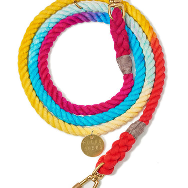 Prismatic cotton rope dog leash by Found My Animal, featuring a vibrant hand-dyed design, solid brass lockable carabiners, and an adjustable length for versatile wear, supporting pet rescue and adoption.