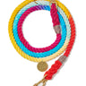 Prismatic cotton rope dog leash by Found My Animal, featuring a vibrant hand-dyed design, solid brass lockable carabiners, and an adjustable length for versatile wear, supporting pet rescue and adoption.
