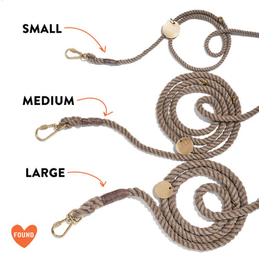 "Matte Black Rope Dog Leash, available in Small, Medium, and Large sizes, featuring adjustable solid brass bolt snaps for secure and stylish walks."







