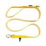 "Bright yellow water-resistant 5ft dog leash with brass hardware, designed for strength, durability, and pet adoption support."