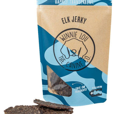 A bag of Elk Jerky with Rosemary & Oregano dog treats, highlighting its grass-fed, high-protein ingredients sourced from Midwest farms.