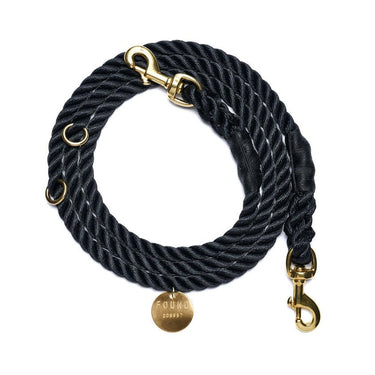 Found My Animal Black Rope Dog Leash – Handcrafted, marine-grade rope leash with solid brass bolt snaps for durability and style. Adjustable and designed for adventure