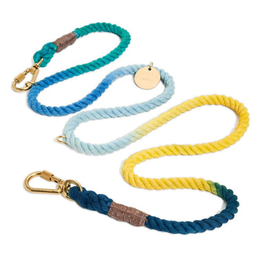 A multi-colored adjustable rope dog leash laid flat, showcasing blue, yellow, and green hues with durable brass hardware and hand-spliced ends