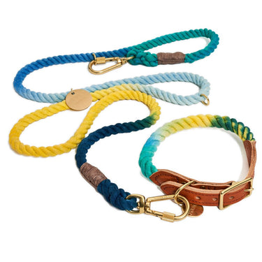 A close-up of the azure cotton rope dog leash, highlighting its hand-spliced craftsmanship, sturdy brass clips, and secure whipping details.
