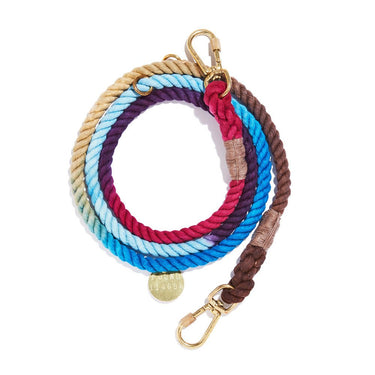 Mood Ring Ombre Cotton Rope Dog Leash by Found My Animal, featuring a hand-dyed gradient design, solid brass lockable carabiner, and an adjustable, handcrafted finish.


