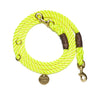 "Neon Yellow Rope Dog Leash by Found My Animal, handcrafted from marine-grade rope with adjustable solid brass bolt snaps for strength and security."

