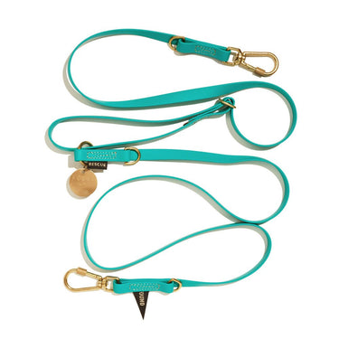 Aqua-colored 7ft water-resistant dog leash by Found My Animal, featuring a durable rubber-coated webbing, brass lockable carabiners, and an adjustable design for versatile wear. Crafted for pet safety and rescue support.







