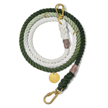 Olive ombre cotton rope dog leash by Found My Animal, handcrafted with solid brass lockable carabiners, an adjustable design, and an individually numbered tag supporting pet adoption.