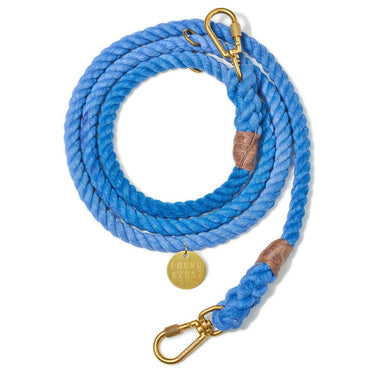Periwinkle cotton rope dog leash by Found My Animal, featuring solid brass hardware, an adjustable design, and an individually numbered tag supporting pet rescue and adoption.