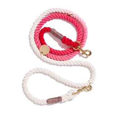 Scarlet cotton rope dog leash by Found My Animal, featuring marine-grade craftsmanship, Italian solid bronze bolt snaps, and an adjustable design for stylish and secure pet walks.







