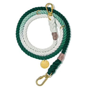 Teal ombre cotton rope dog leash with adjustable length, solid brass hardware, and a lockable carabiner, handcrafted for durability and pet rescue awareness.







