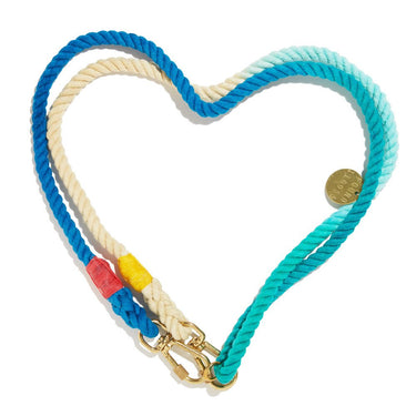 A beautifully handcrafted Abaco Ombre Rope Dog Leash in shades of blue and green, featuring a solid brass lockable carabiner and adjustable O-rings, designed for pet rescue, wellness, and adoption awareness.