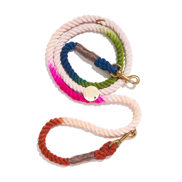 "Spring Bouquet Cotton Rope Dog Leash with Italian solid bronze bolt snaps, adjustable design, and vibrant ombre hues, handcrafted to support pet adoption and wellness."