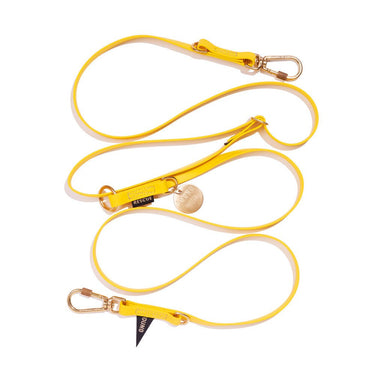 "Yellow water-resistant adjustable 7ft dog leash with brass hardware, designed for durability, security, and pet adoption awareness."







