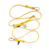 "Yellow water-resistant adjustable 7ft dog leash with brass hardware, designed for durability, security, and pet adoption awareness."







