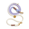 "Purple ombre cotton rope dog leash with Italian solid bronze bolt snaps, handcrafted for durability and pet rescue support."